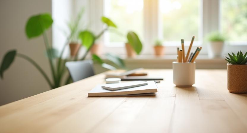 A clean, minimalist home office desk with sustainable stationery