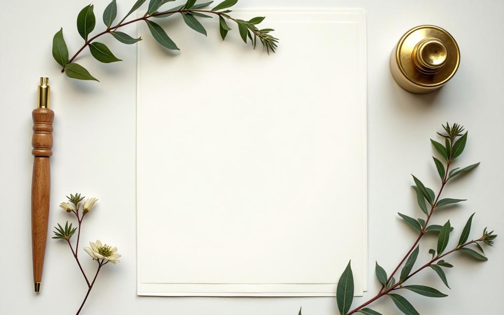 Earthy-toned handcrafted wedding invitations and inkwell