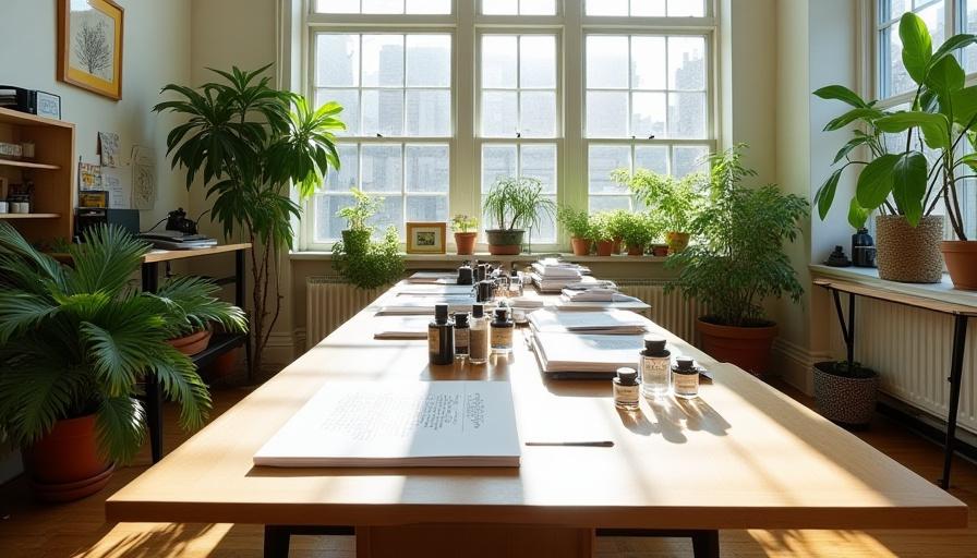 The bright and airy Script and Bloom studio at 723 Ashford Street, New York, featuring sunlight streaming onto a wooden worktable covered in botanical illustrations and ink wells