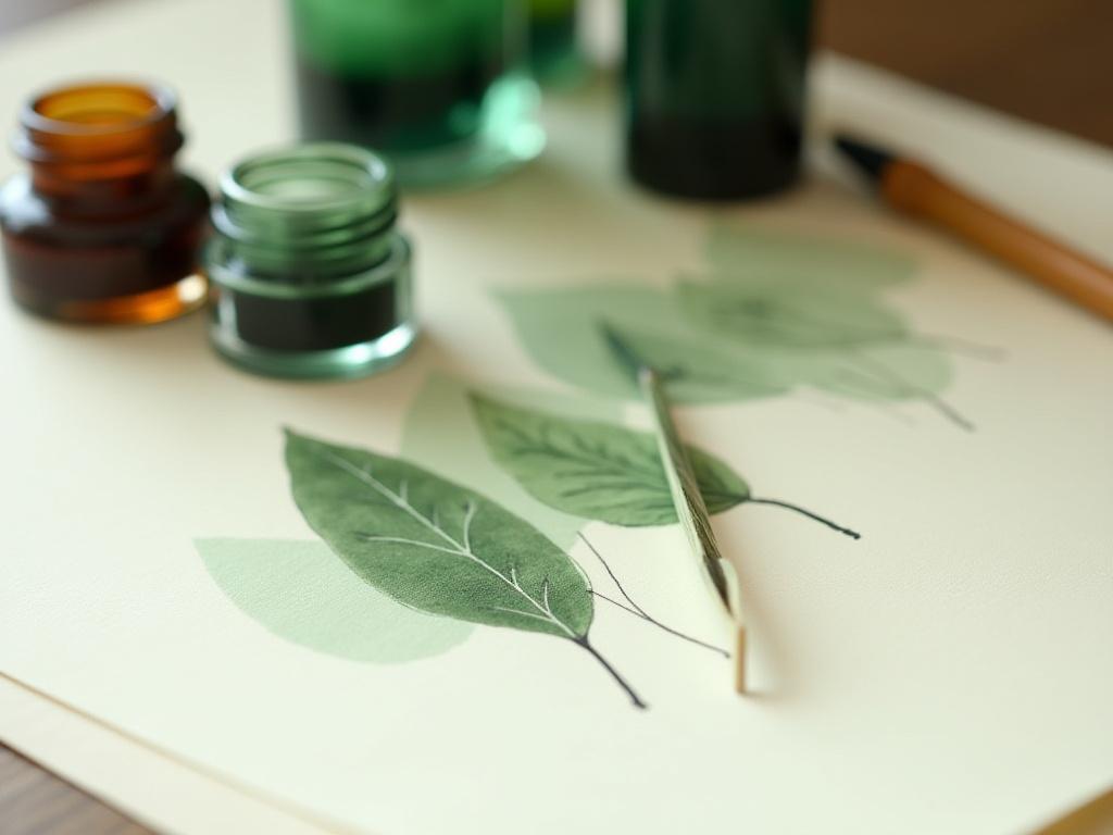 Close up of hand-mixed emerald green eco-inks in glass jars with a wooden calligraphy quill on high-texture recycled cotton paper