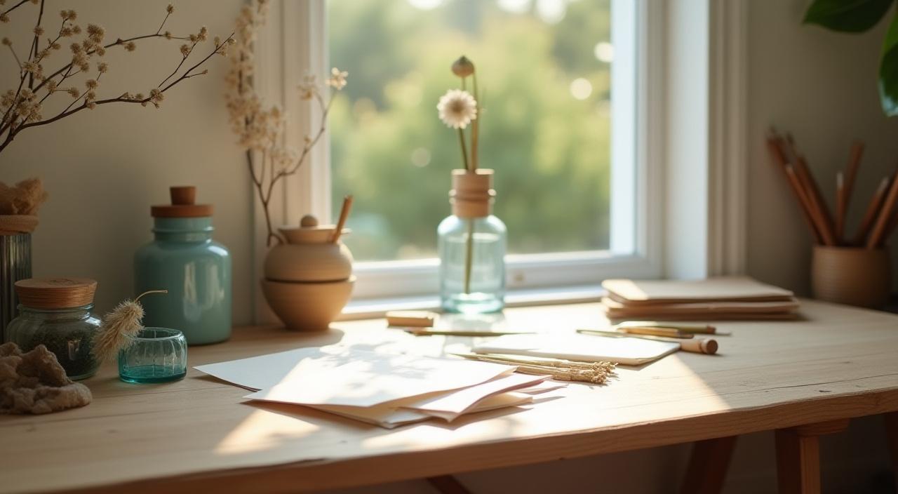 A sun-drenched calligraphy studio with sustainable paper and ink